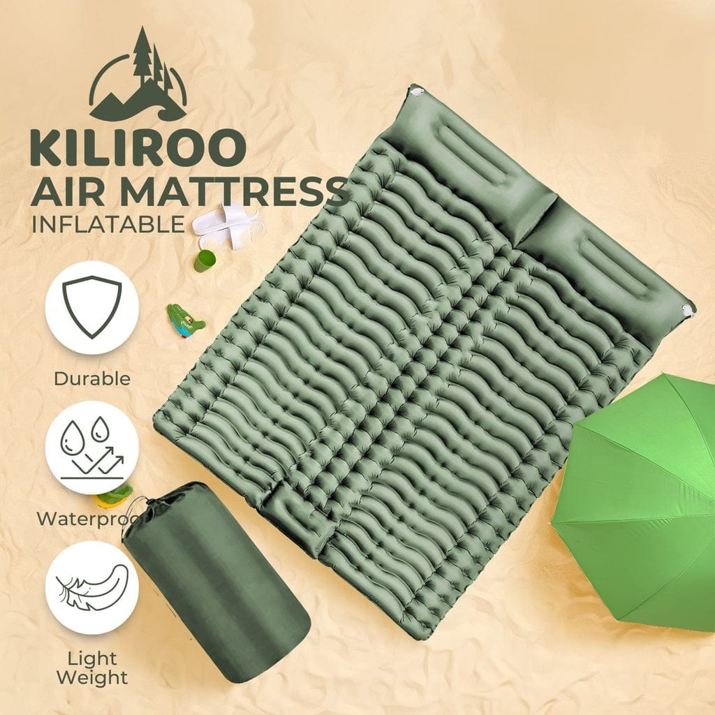 KILIROO Double Inflatable Camping Sleeping Pad with Pillow Army Green Electric Drift